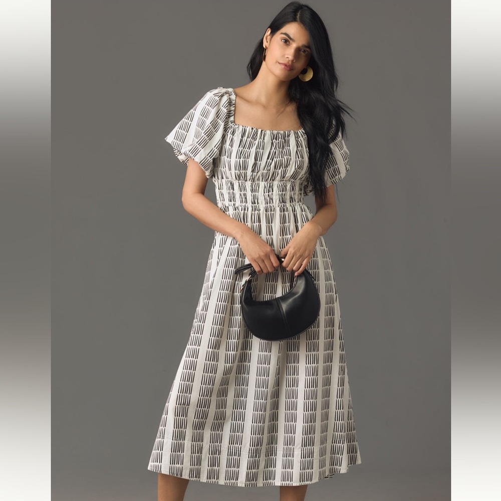 Anthropologie Maeve Puff Sleeve Square Neck Smocked MIDI Dress